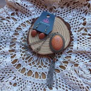 Paparazzi Bold Brown/Orange and Silver Necklace And Earring Set